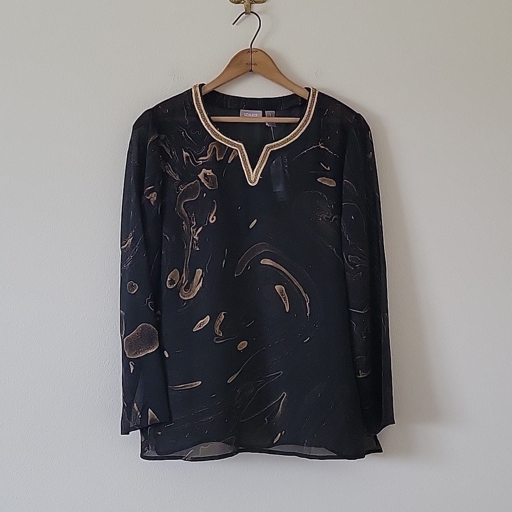 NWT Chico's Black‎ Gold Galaxy Imogen Sheer Beaded Blouse Size Medium M